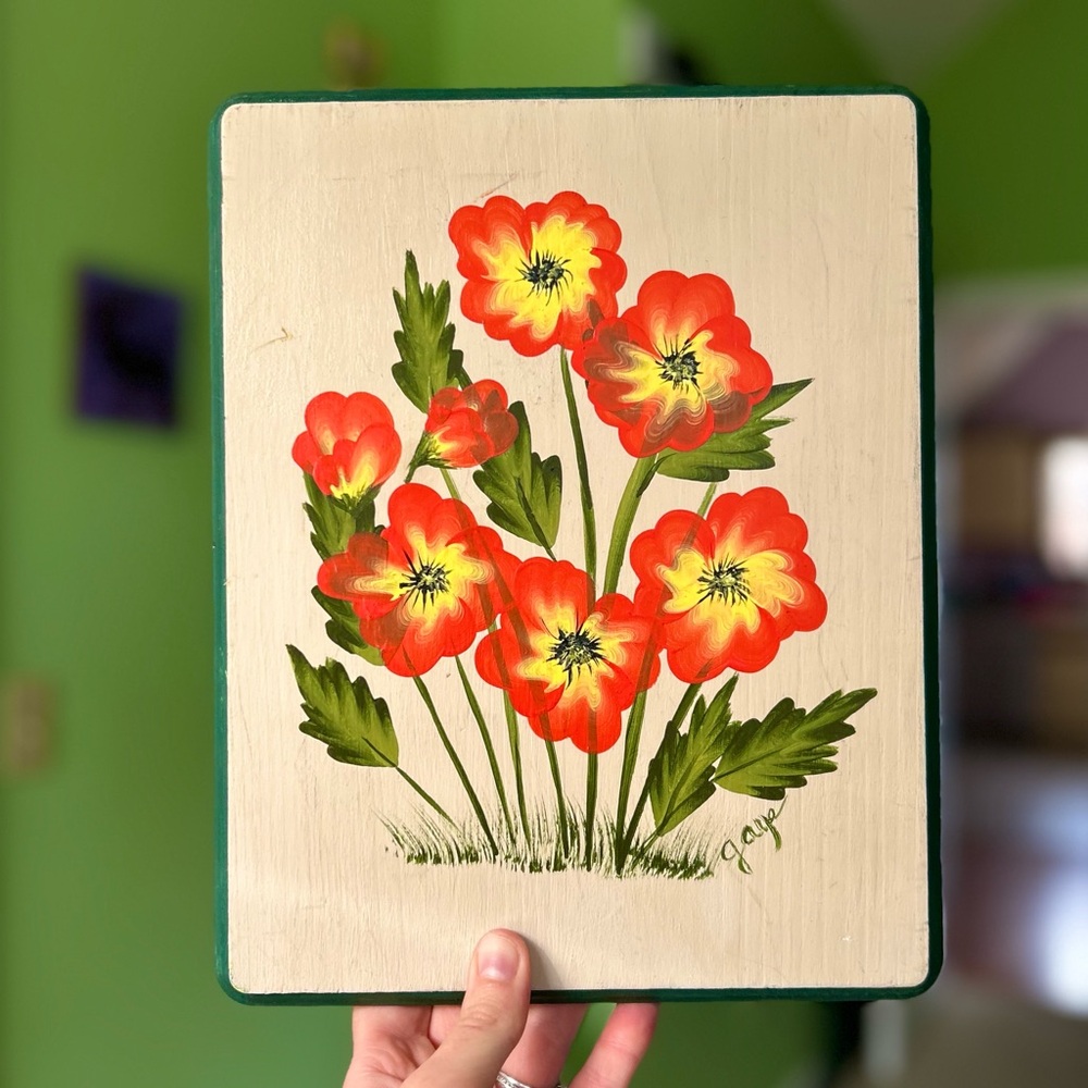 Vintage Handmade Hand Painted Red & Yellow Flowers on Wood Cottagecore Art - Picture 6 of 6